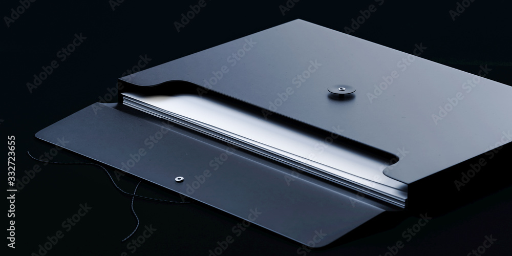 Poster black blank cardboard open folder with papers isolated on black background. 3d rendering. minimalism