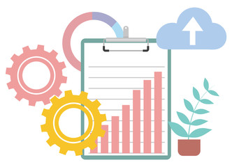 Paper document report with infochart vector, isolated house plant decoration. Cogwheel process symbol and cloud with arrowhead in up direction flat style