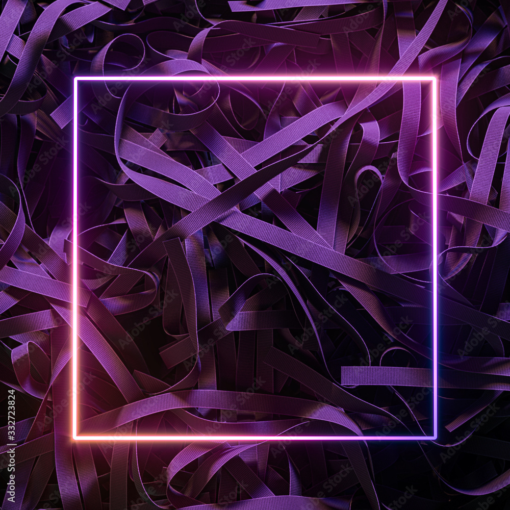 Poster neon frame with pink light on ribbon background. 3d rendering. empty space. copy space