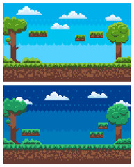 Fototapeta premium Pixel game landscape vector, set of scenes for rounds, ground with soil and grass, sky and clouds, trees with foliage and branches, pixelated nature