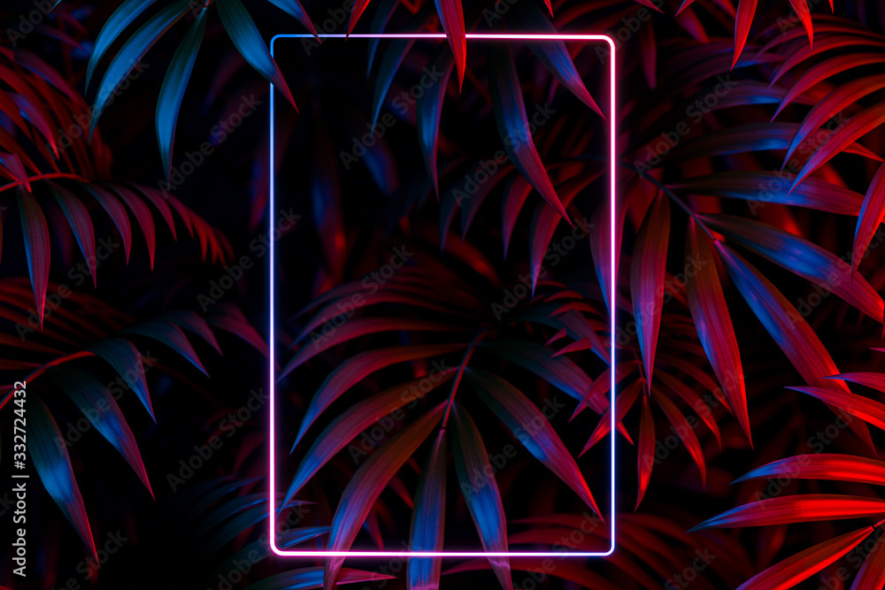 Poster vertical neon frame on tropical leaves background. 3d rendering. empty space. copy space