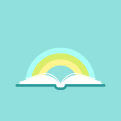 Open book with rainbow . Isolated on blue background. Vector flat illustration.
