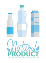 Natural product, milky in bottle and paper pack, milk or yogurt in flask, lacteous drink in blue color, poster of deciduous product, dairy symbol vector