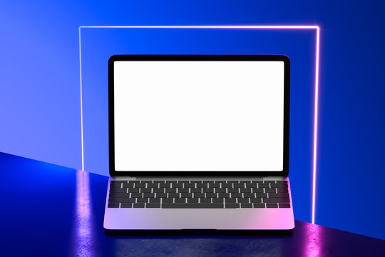 Laptop With Blank Screen On Neon Frame Background. Device Illuminated By Pink Neon Light. 3d Rendering.