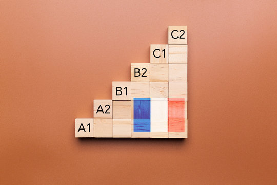 Wooden cubes with language levels, concept of learning and improvement. French language