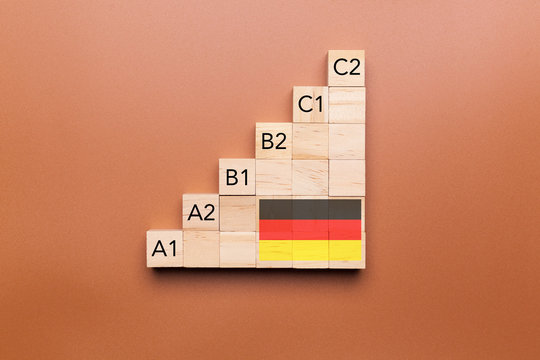 Wooden cubes with language levels, concept of learning and improvement. German language