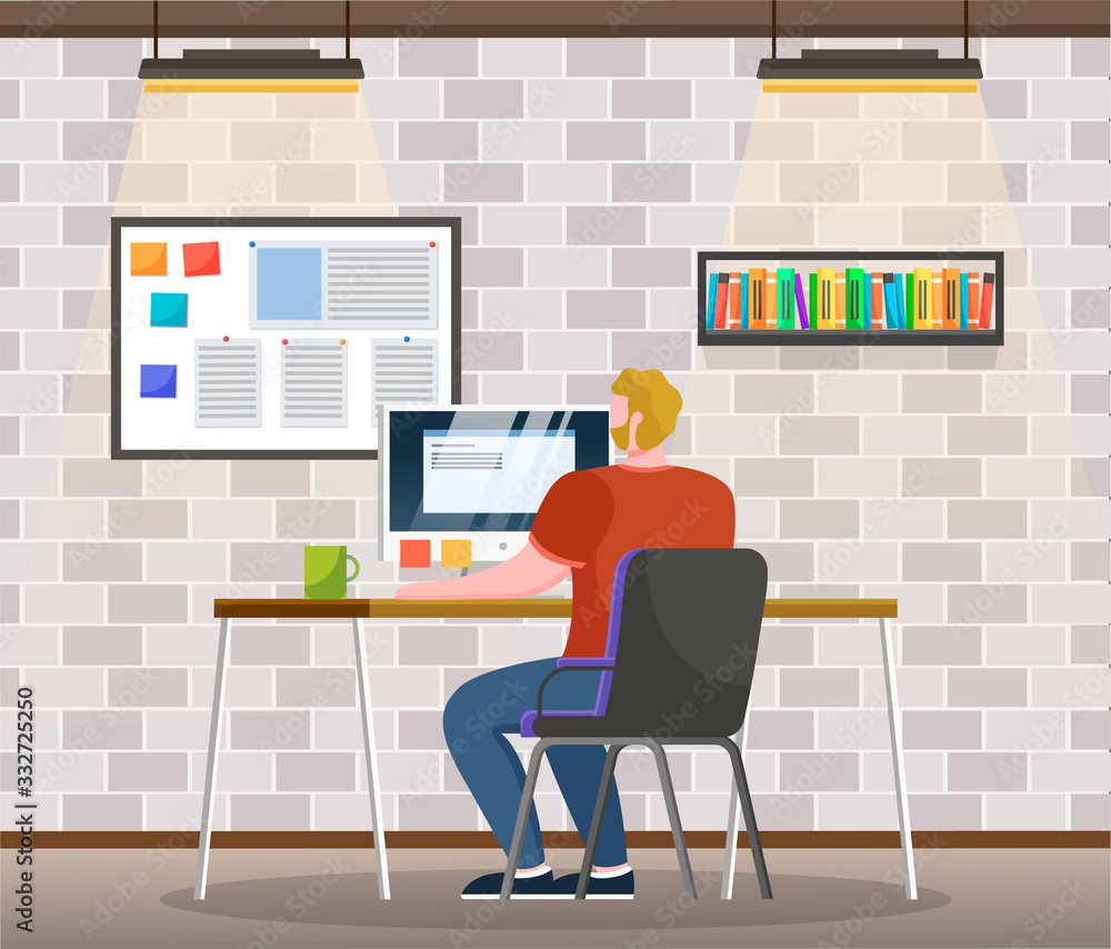 Poster guy work on personal computer at office alone. person look at board with tasks. paper stickers with 