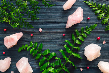 Rose Quartz with Schinus Molle and Fern Leaves