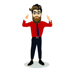 Cool hipster is building a business. Young man in a business style with a tie. Happy man showing thumbs up. Vector illustration of a businessman with a beard and mustache.