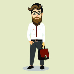 Vector illustration of a businessman. Hipster character with beard. Happy man holds a case. Business man in a white shirt with a tie.
