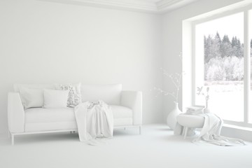 White living room with sofa and winter landscape in window. Scandinavian interior design. 3D illustration