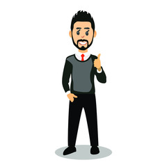 Cool dude is standing on a white background. Young man in a business style with a tie. Happy man showing thumbs up. Vector illustration of a businessman with a beard and mustache.