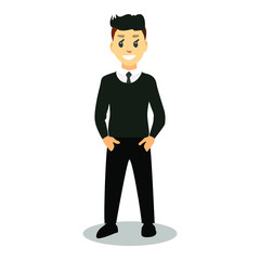 A happy man is standing in a dark sweater with a tie and trousers. Hands in pockets of pants. Business style clothing and a smile on his face.