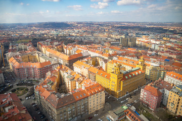 Fototapeta na wymiar Aerial view of Prague from Zizkov television tower in sunny day in Prague, Czech Republic