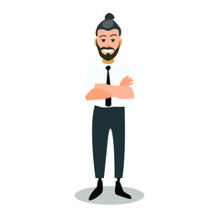 happy man in white shirt with beard mustache and pigtail
