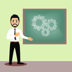 A businessman at the blackboard drew gears. The speaker speaks to the audience with a business mechanism concept. Gears are drawn in chalk.
