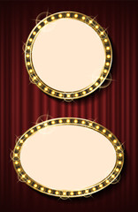 Theater curtain backdrop and blank frame with lamps. Round framework, concert or show banner template, evening event, light framing and textile. Geometrical glowing frame set on red curtain background