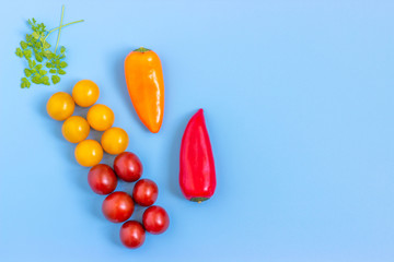Set fresh vegetables,  tomatoes, peppers on a blue background.  Healthy food concept. Flat lay, top view.