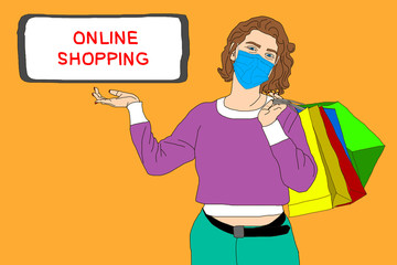 Naklejka premium Young beautiful woman wearing surgical mask holding grocery bag full of products, corona virus diseases (COVID-19) background. Idea for COVID-19 outbreak, prevention and awareness.