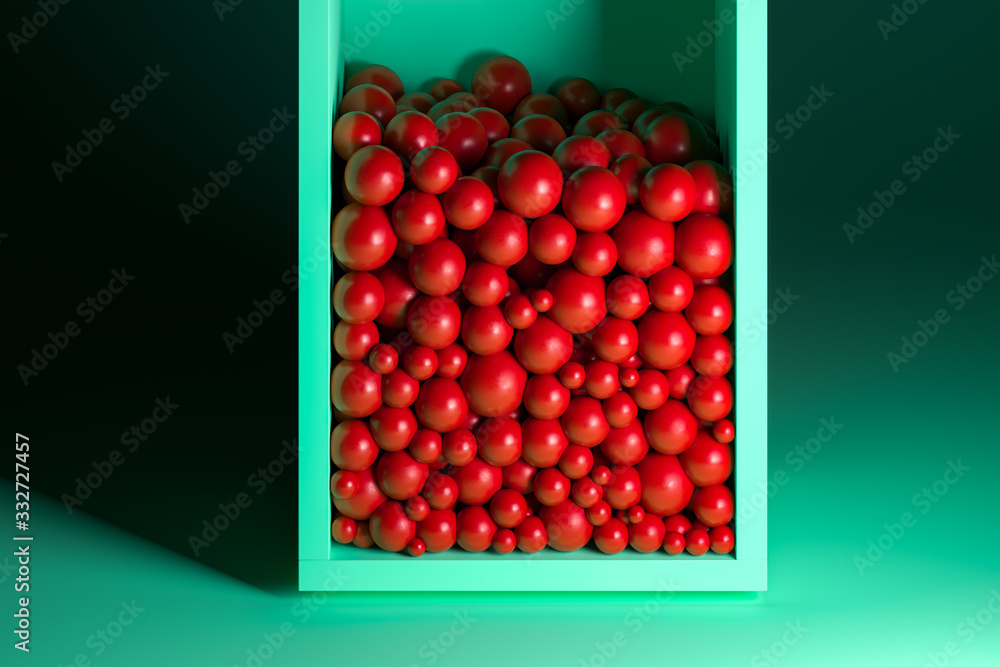 Aufkleber green transparent box with red balls. box on green background with spotlight. 3d rendering