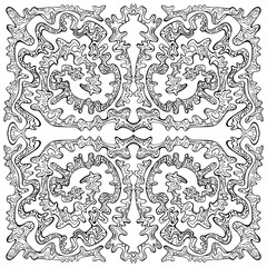 Coloring page doodle line art with maze of ornaments. Psychedelic stylish card.