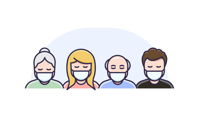 Men and Women in medical face protection mask. Vector of symptomatic or asymptomatic people wearing protective surgical mask.  Concepts of sickness, coronavirus, quarantine, social distancing