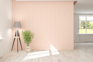White empty room with pink wall, lamp and green home plant. Scandinavian interior design. 3D illustration