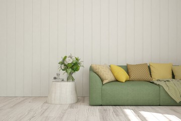 White living room with sofa. Scandinavian interior design. 3D illustration