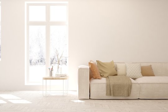 White living room with sofa and winter landscape in window. Scandinavian interior design. 3D illustration