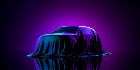 Presentation Of Car Covered With Cloth on Dark Illuminated By Violet Neon Light Background. 3d rendering