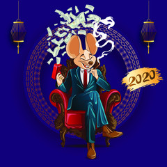 Happy New Year 2020. Lunar New Year. The year of the mouse. Mouse illustration with line color art