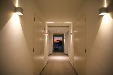 empty corridor with sunset view