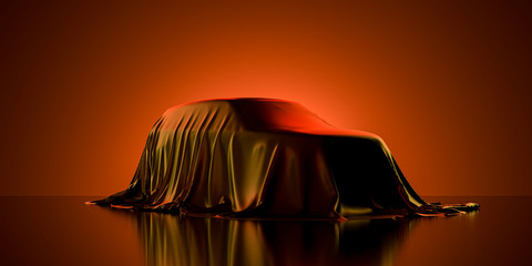 Presentation Of Luxury Car Covered With Cloth on Dark Illuminated By Orange Neon Light Background. 3d rendering