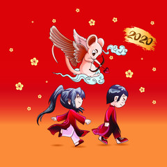 Happy New Year 2020. Lunar New Year. The year of the mouse. Mouse illustration with line color art