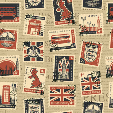 Vector seamless pattern on UK and London theme with postage stamps and postmarks on the background of newspaper in retro style. Suitable for wallpaper, wrapping paper or fabric