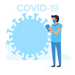 Doctor with mask protecting himself from covid-19 epidemic coronavirus. Flat vector blue colors illustration of quarantine. Epidemic global pandemic. 