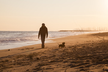 Man playing with sausage dog on mediterranean beach with beautiful autumn sunlight