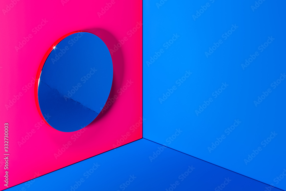 Poster modern pink showcase on abstract colorful background. arch in form of circle. abstract art. 3d rende