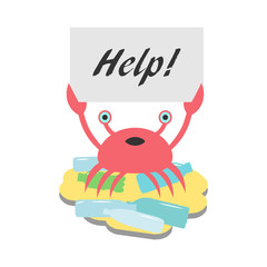 Crab on a sandy beach among plastic bottles. Vector illustration.