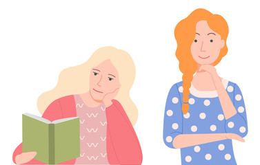 Blonde woman sitting and reading interesting book. Ruddy girl in spotted dress look at her and smile, she in thoughts. Vector illustration flat style
