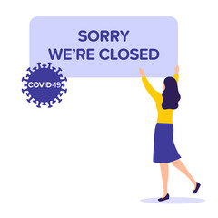 Woman with sign we're closed. Covid-19 epidemic coronavirus. Virus epidemic, global pandemic concept. Flat vector purple colors illustration of quarantine. 