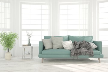 White living room with sofa. Scandinavian interior design. 3D illustration
