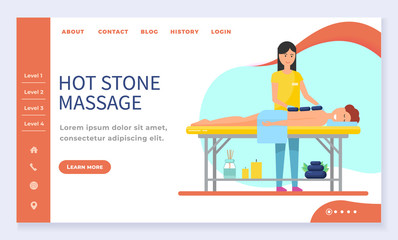 Hot stone massage, spa salon web landing page template vector. Girl lying at massage table, beauty studio, wellness center Internet banner. Massaging session, masseur and patient in towel illustration