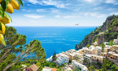 Beautiful Positano and clear blue sea on Amalfi Coast in Campania, Italy. Amalfi coast is popular travel and holyday destination in Europe.