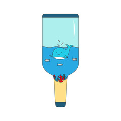 Sea in a bottle. Whale, fish, corals, water, sand, a bottle. Vector illustration.