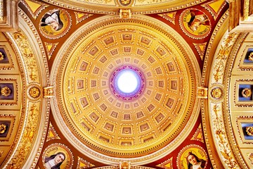 Budapest, Hungary, 21 April 2019.View inside the Basilica of Sant Istvan(Stephen), . Painted and decorated dome vault.
