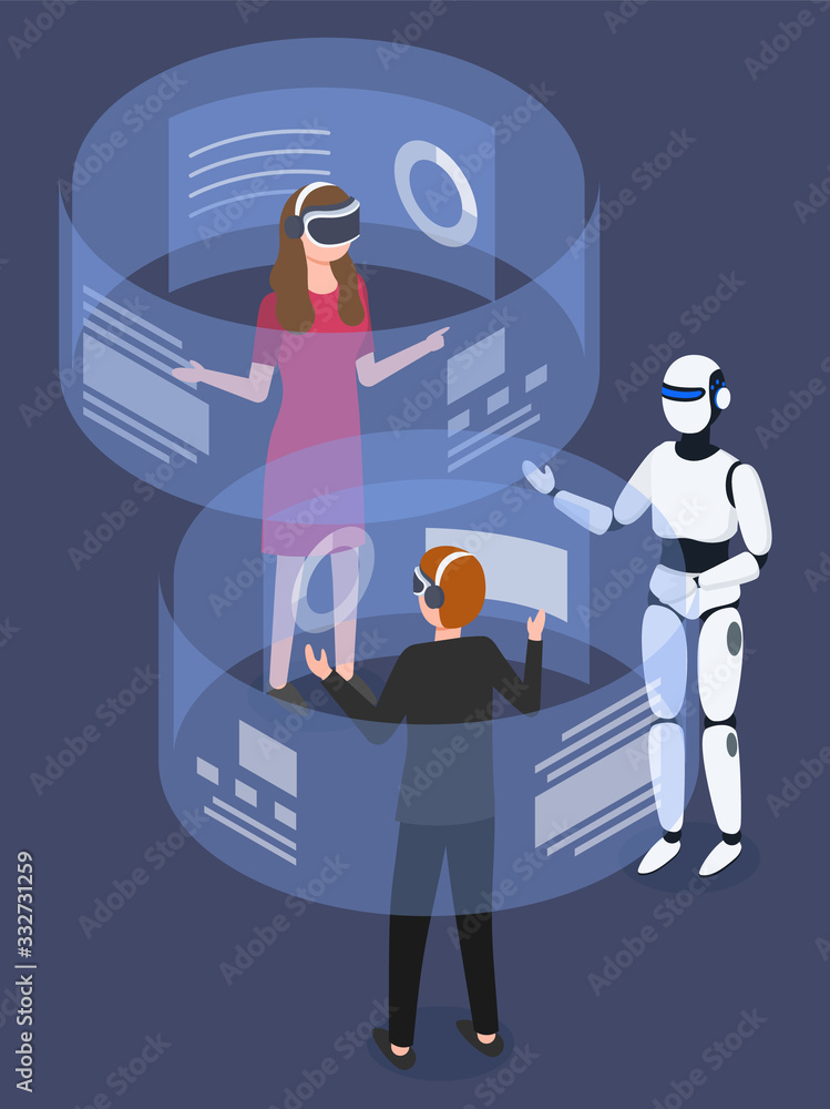 Poster people interacting with each other with vr glasses, using hologram and cyberspace. robot talking to 