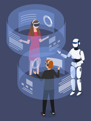 People interacting with each other with vr glasses, using hologram and cyberspace. Robot talking to humans. Innovative technologies of future. Modern devices and gadgets. Vector in isometric style