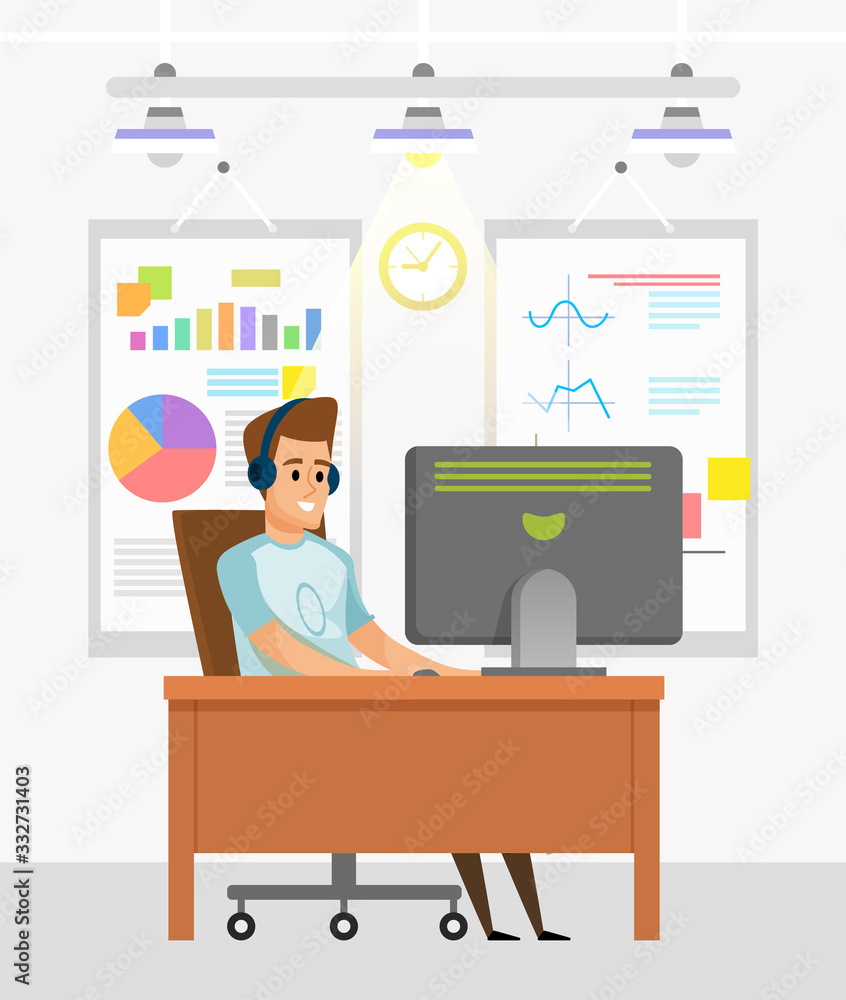 Poster office worker working on computer at workplace vector, info charts and diagrams of whiteboard. headp