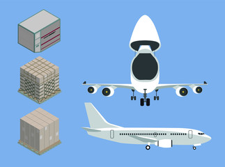 Beautiful vector of 'air cargo concept' for info graphic included cargo airplane front side with open cockpit  and rear side with isometric view of container and pallet ULD package vintage retro style